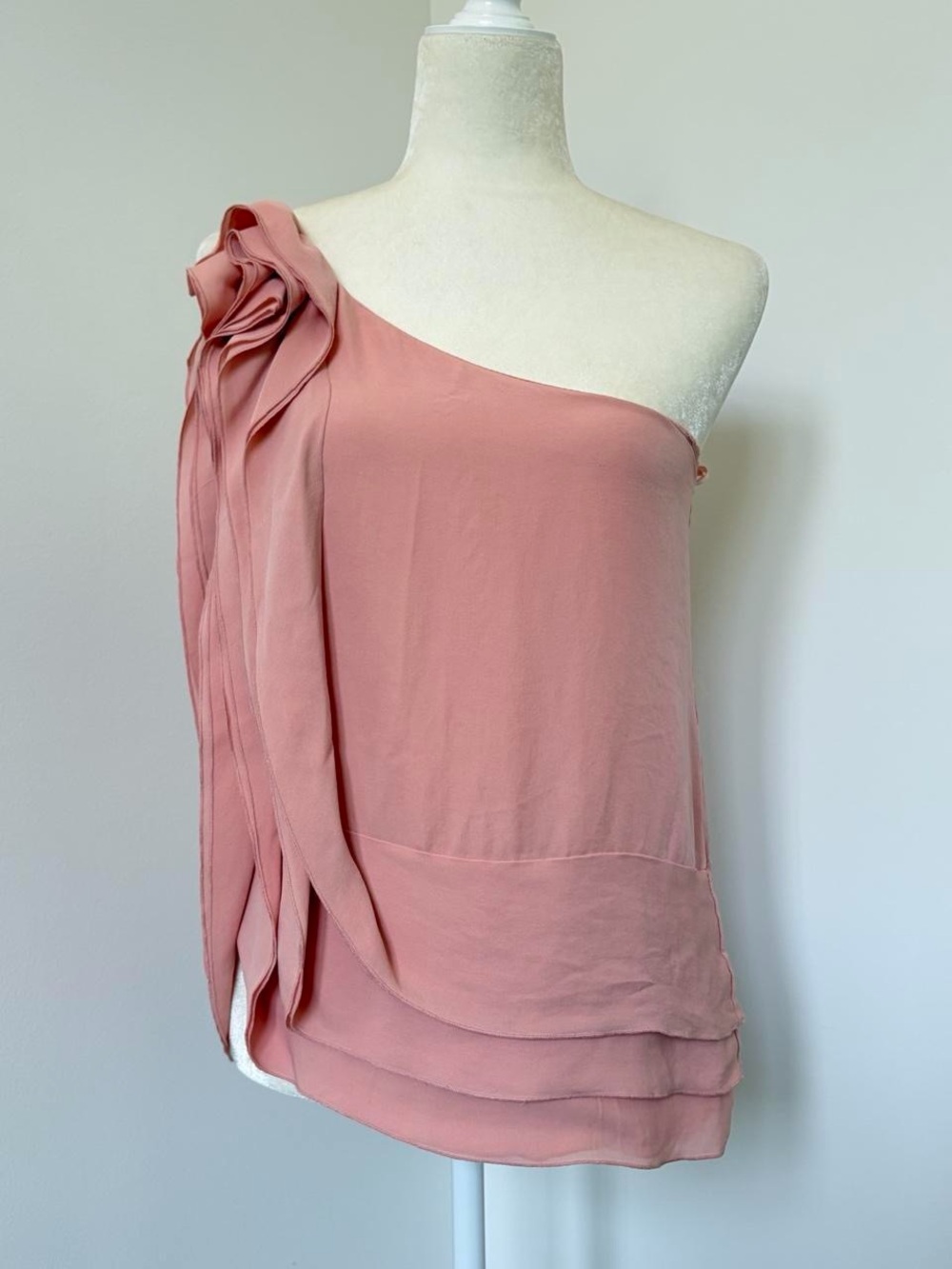 BCBGMaxAzria One-Shoulder Blush Pink Silk Draped Blouse